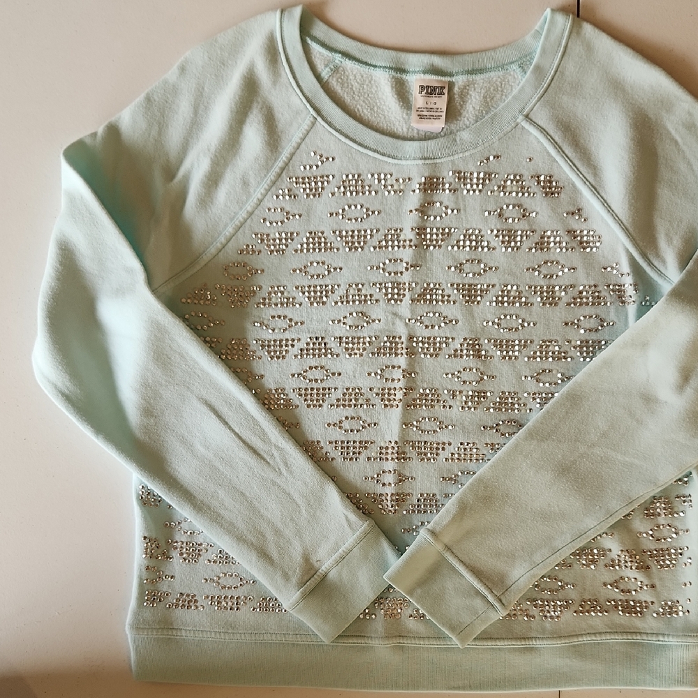 PINK Victoria's Secret Green Crew Neck Sweater with Geometric Pattern